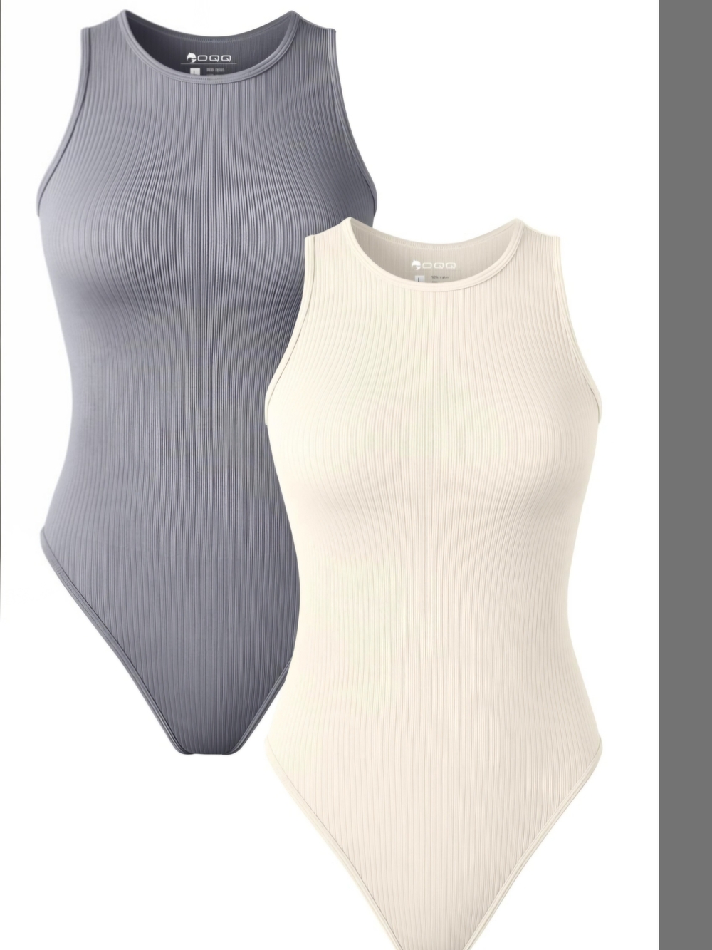 Ribbed High-Neck Bodysuit 2-Pack in Gray and Cream